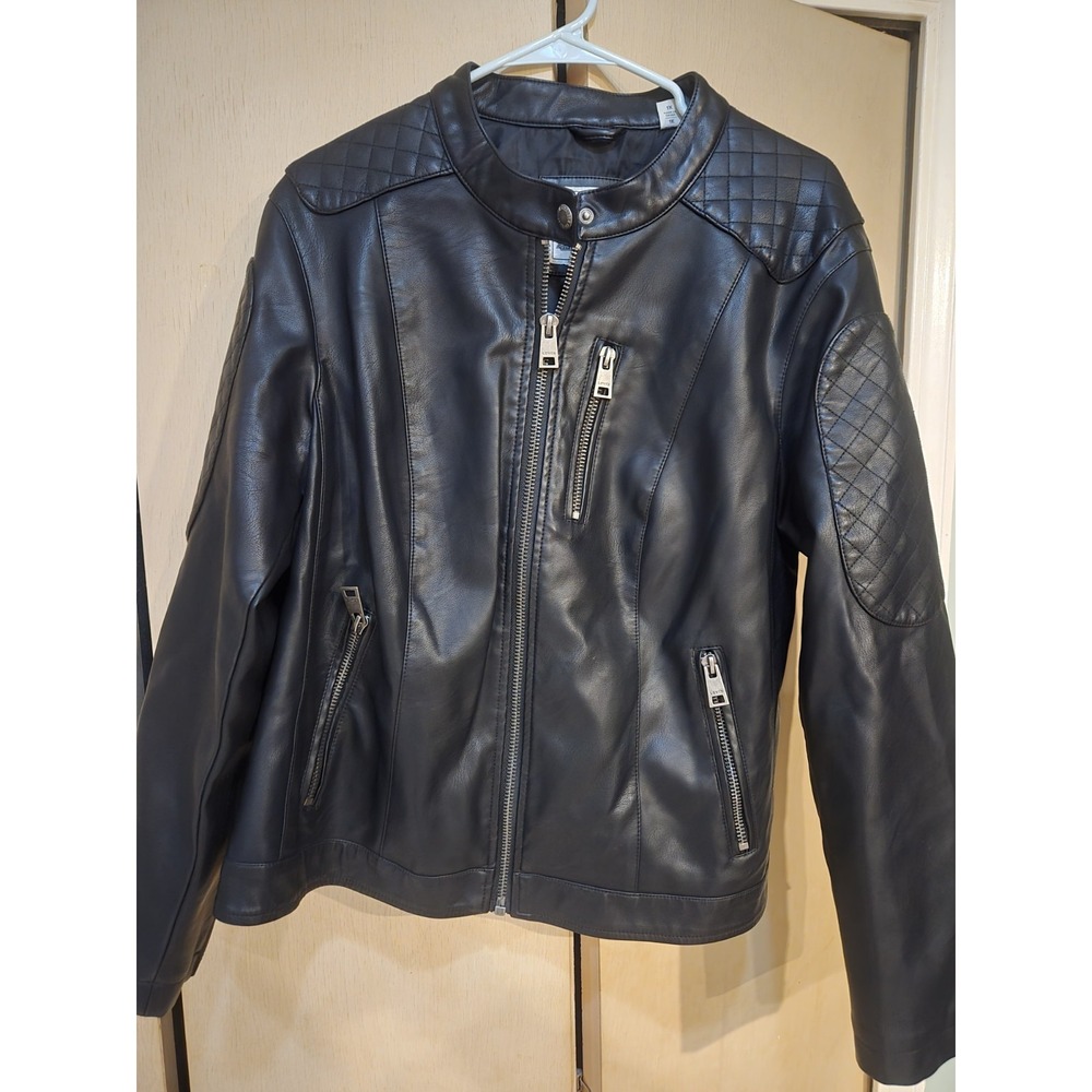 Levis Faux Leather Jacket Women 1X Black Moto Patchwork Full Zip Riding Biker